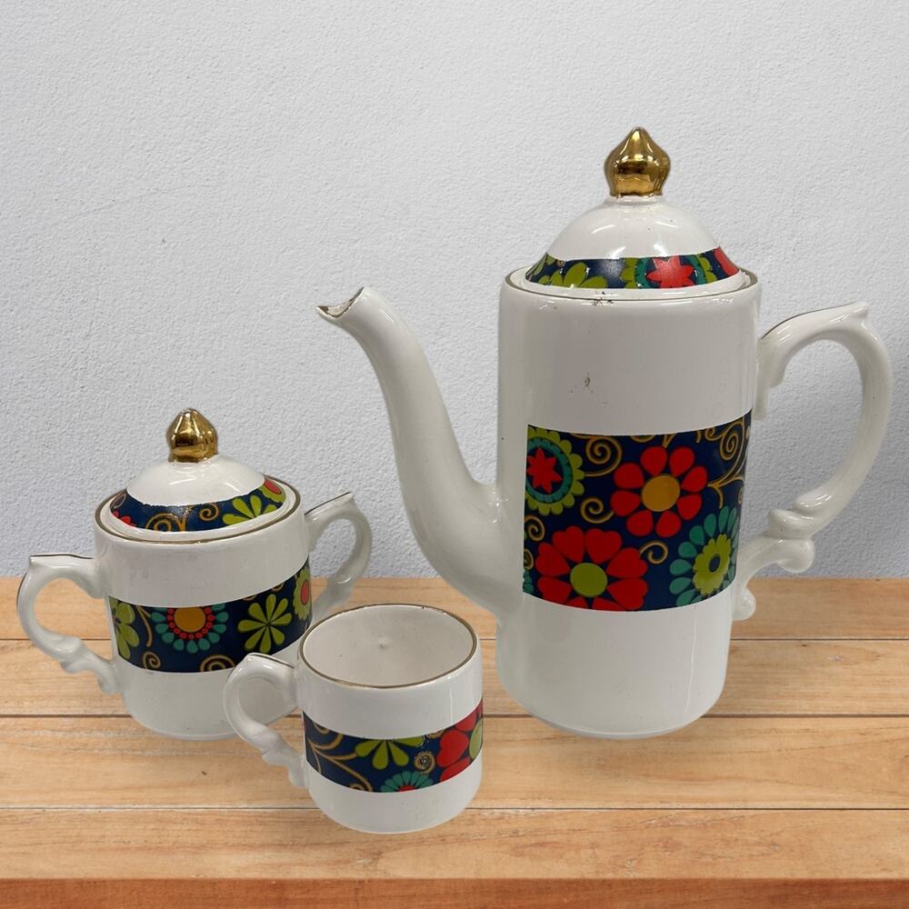 Vintage 1960s Mod Floral Coffee Set – 3 Pc Ceramic with Gold Accents